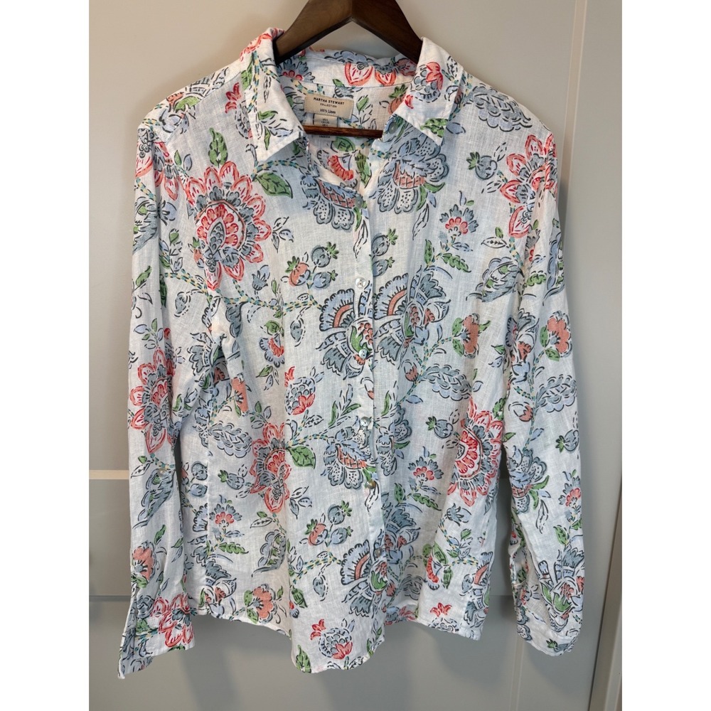 Martha Stewart Collection Floral Linen Button Down Blouse Tunic Shirt Size L